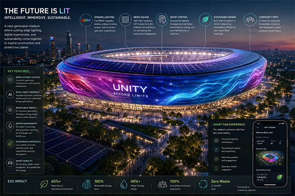 A futuristic stadium concept with a full media facade and integrated sustainable elements